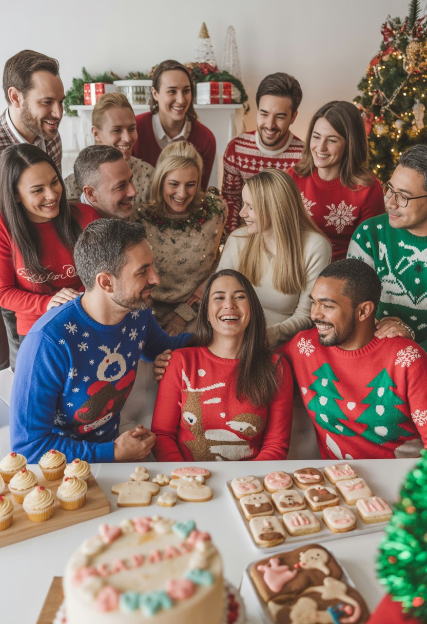 A group of people wearing holiday sweaters celebrating a Christmas-themed baby shower indoors with festive decorations and treats.